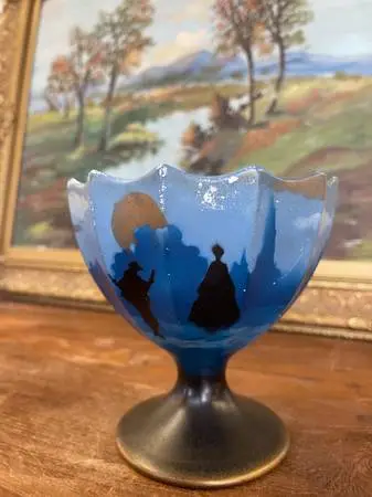 Vintage English Hand-Painted Pedestal Vase w/Scenic Silhouette, Made in England