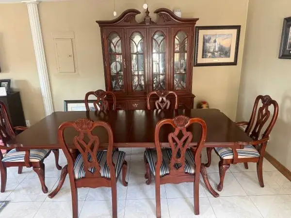 Vintage Ethan Allen Dining Set - Table, 6 Chairs, Lighted Hutch
