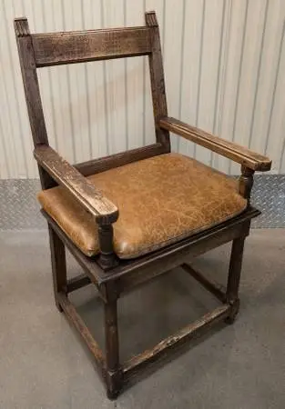 Antique 16th Century Wood Arm Chair with Leather Seat Cushion