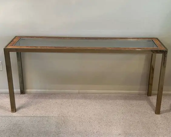 Vintage MCM Parsons Pearson Brass BurlWood Glass Console Entry Table