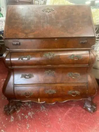 Exquisite Vintage Burl Walnut Dutch Bombe Secretary Desk – With Origin