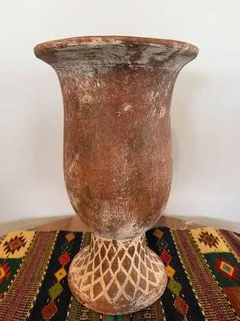 White Washed Terra Cotta Pot W/ Pedestal- 13X22H