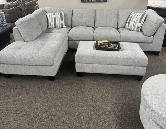 Pottery Barn gray chenille sectional couch and ottoman