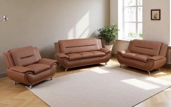 Modern style brown leather three piece couch set