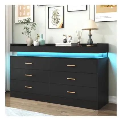 6 Drawer Wood LED Dresser w/ Charging Station Wide Cabinets