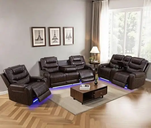 Power electric brown leather fully reclining couch set