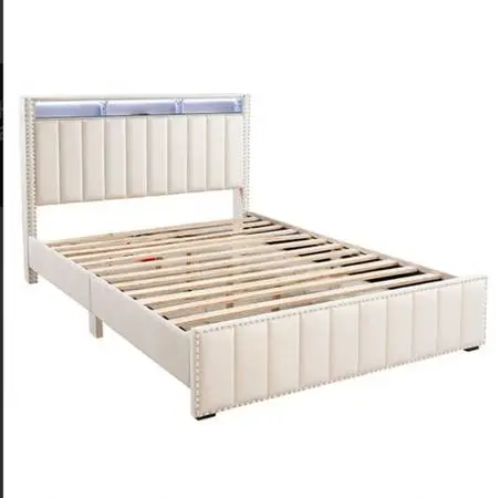 PLATFORM QUEEN BED FRAME BEIGE VELVET, MATTRESS NOT INCLUDED