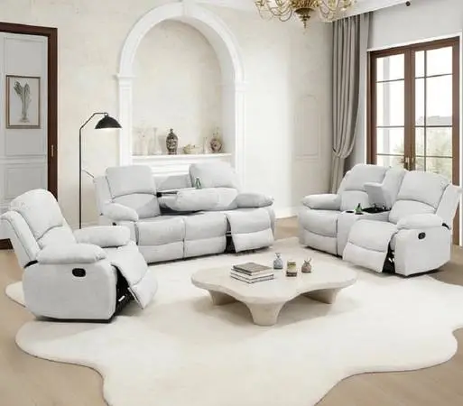 Gray chenille fully reclining three piece couch set