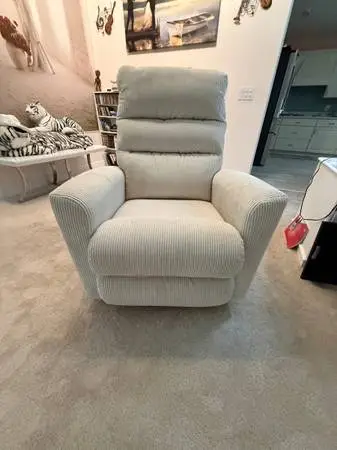 LA-Z-BOY Custom Designed White Corduroy Swivel, Rocker Recliners Set
