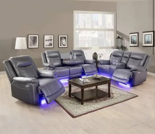 Power Electric gray leather fully reclining couch set