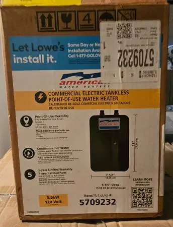 ELECTRIC TANKLES WATER HEATER....120 VOLT...3.5 KW...NEW...$ 100