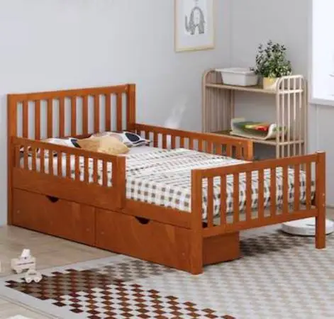 Kids Twin Wood Bed Frame w/ Guard Rails, 2 Storage Drawers, Brown