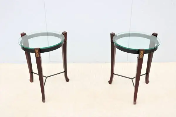 Traditional Cherry Wood and Transparent Glass Round Side Tables a Pair