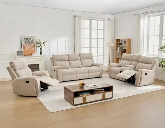 Beige leather fully reclining three piece couch set