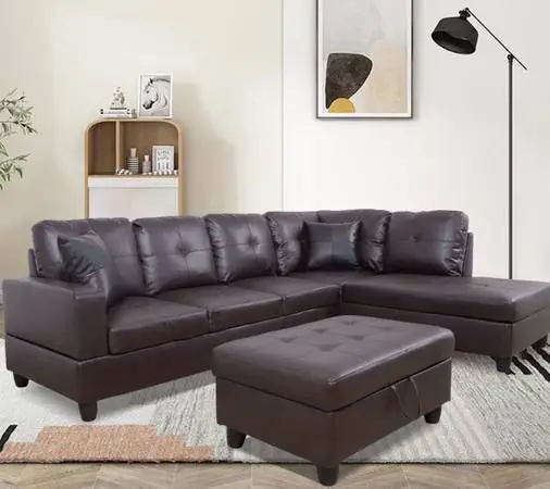 Brown leather sectional couch and storage ottoman
