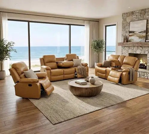 Carmel leather fully reclining three piece couch set