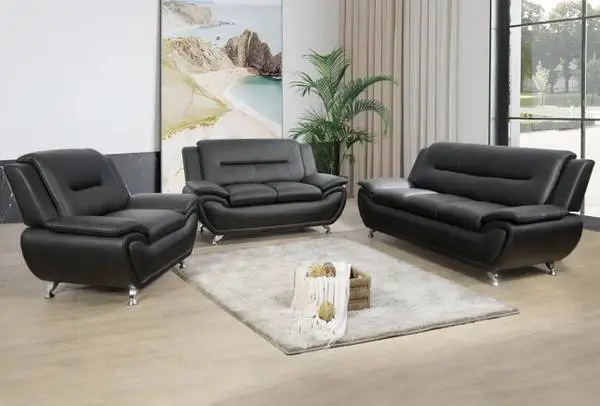 Modern style black leather three piece couch set