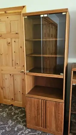 2 Solid Oak Bookcases with Glass Door / Light / Shelves - PAIR