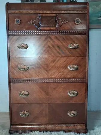 Art deco o waterfall antique highboy dresser, Delivery