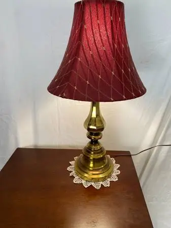 Mid Century Modern Lamp circa 1970 Burnished Brass Base w/ Red Lamp Sh