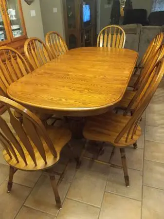 Dining table,  2 leafs, 8 chairs, china cab. and two bar stools