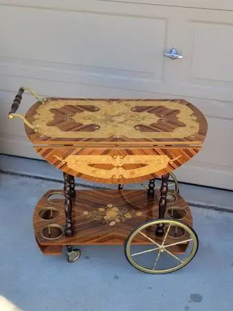Vintage Italian Marquetry Two Tier Drop-Leaf Dessert Bar Cart Trolley