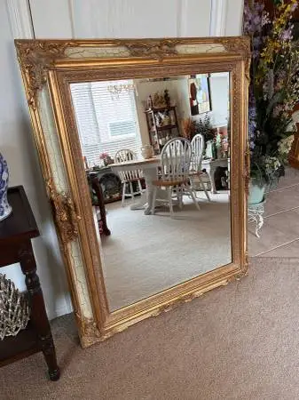 51” x 41” antique rectangular beveled ornate gold mirror.