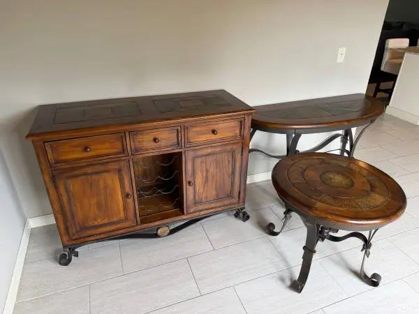 3-Piece Wood & Slate Inlay Cabinet & Table Furniture Set