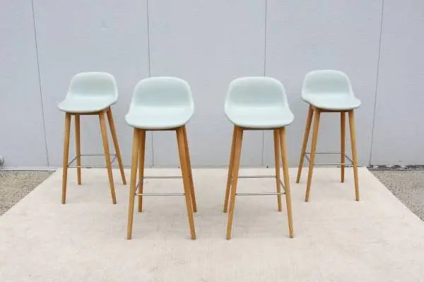 Iskos-Berlin for Muuto Blue Leather Fiber Bar Stools Oak Base Set of 4