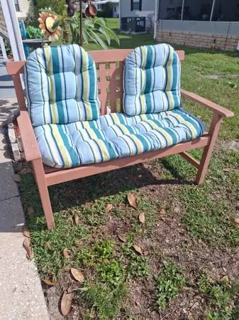 Real wood garden bench with cushions
