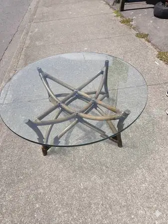 Vintage 70s Round Cane Glass Coffee Table Tropical Tiki Palm Beach