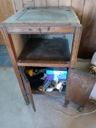 Antique record player, cabinet