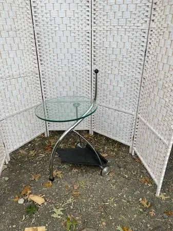 Vintage contemporary chrome, glass and leather butlers bar side table