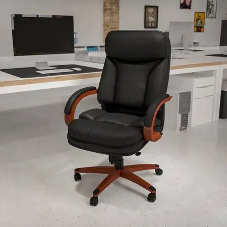 Quality High Back Office Chair w Mahogony Wood Base (New)