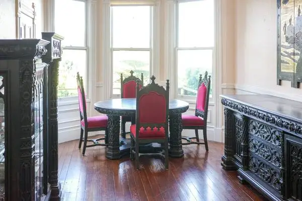 Complete Antique Gothic Revival Dining Set, Cabinet & Chinese Art