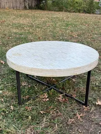 Modern pale yellow tile top round coffee table