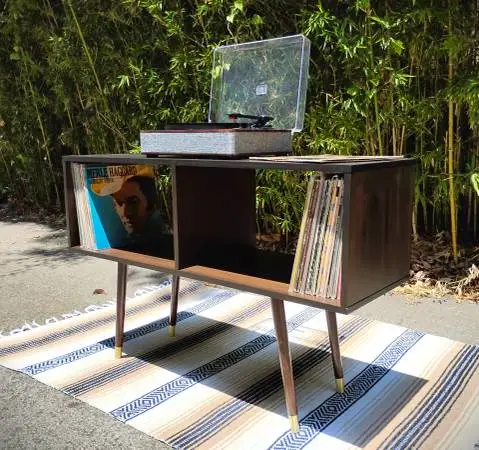 Vinyl record cabinet shelf console turntable mcm media center stand
