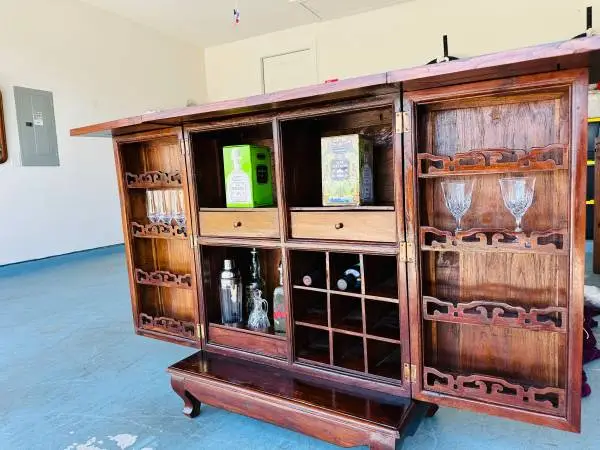 Vintage Mid Century Dark Solid Wood Cocktail Dry Bar Cabinet
