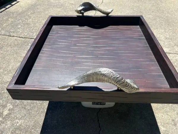 Royal Teak wood Tray with silver gleming metal handle horn - shaped ha