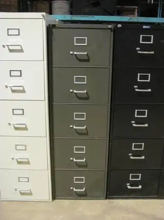 Green metal five drawer legal file cabinet with LOCK AND KEY
