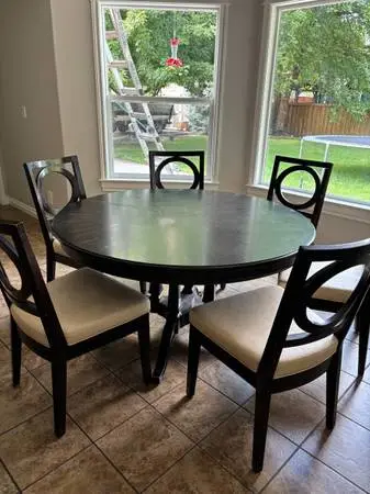 54 round table with extentions, chairs, bar stools