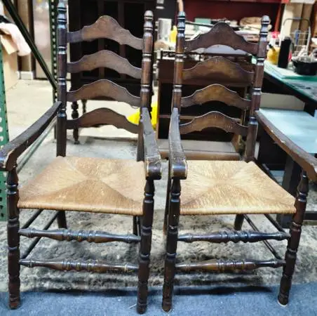 2 Ladder Back Arm Chairs Rush Seats