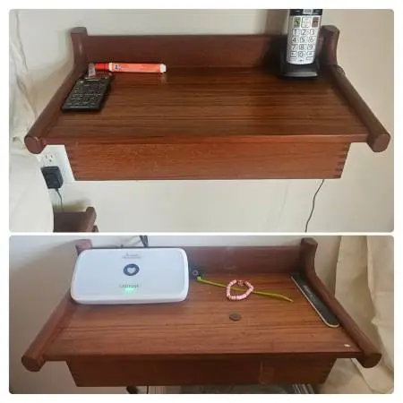 - 2 custom-made mid-century style nightstands, wall mounted $280 /set