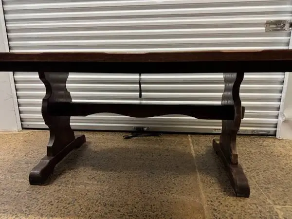 Vintage dark pine farmhouse trestle dining table