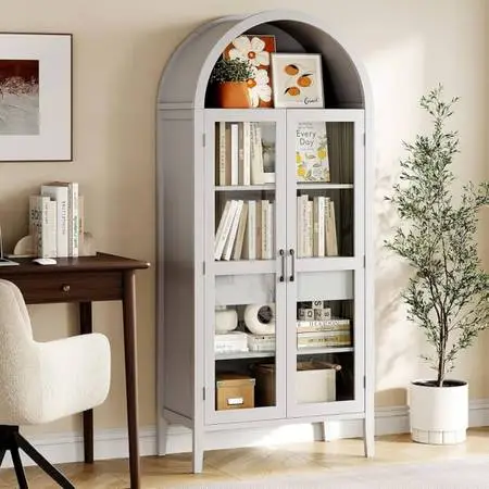 71 Tall Arched Cabinet, 5-Tier Arched Kitchen Pantry with Glass Doors & Drawer,