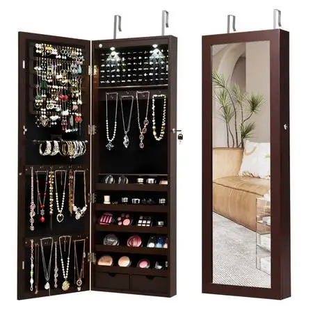 Jewelry Cabinet Armoire Wall or Door Mounted Lockable LEDs Mirror Draw