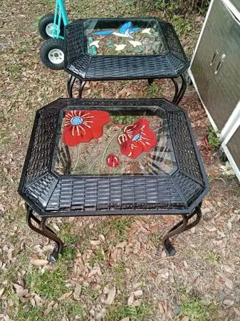 Pair of metal tables /with glass tops