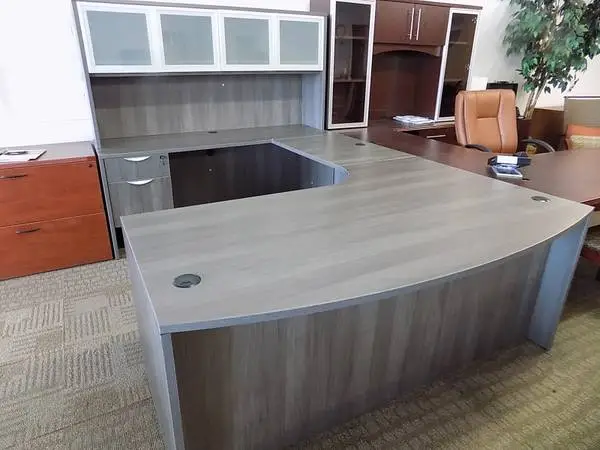 Artisan Grey U shape desk glass door hutch Office Furniture Grade