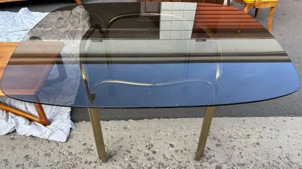 mid-century modern smoked tempered glass dining table brass-toned frame L54”*W