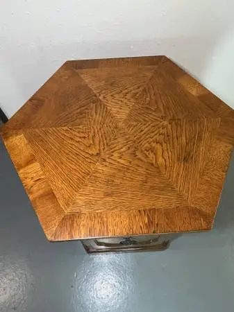 Mid Century Modern Hexagonal Walnut Accent Table + Storage